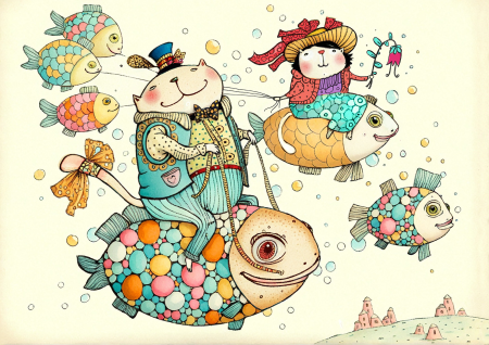 Cats Flying on Colorful Fish in a Fantasy Sky