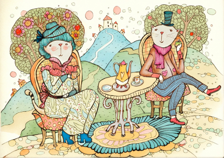 Cats Enjoying Afternoon Tea in the Garden Hills
