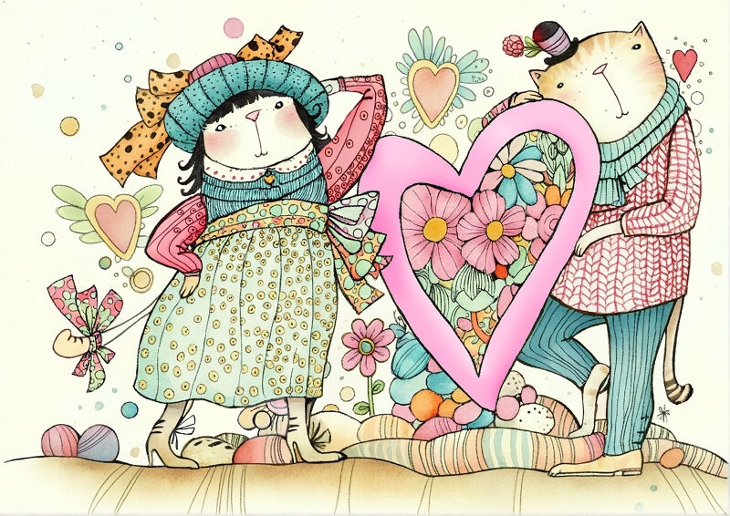 Romantic Cats Holding a Heart of Flowers