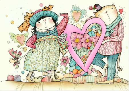 Romantic Cats Holding a Heart of Flowers