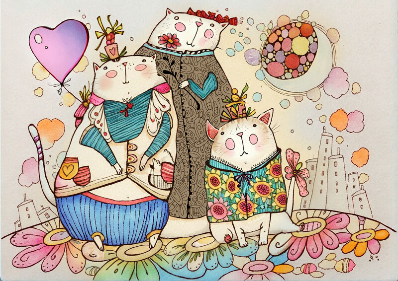 Charming Cat Family Portrait on a Floral Hill