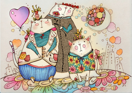 Charming Cat Family Portrait on a Floral Hill