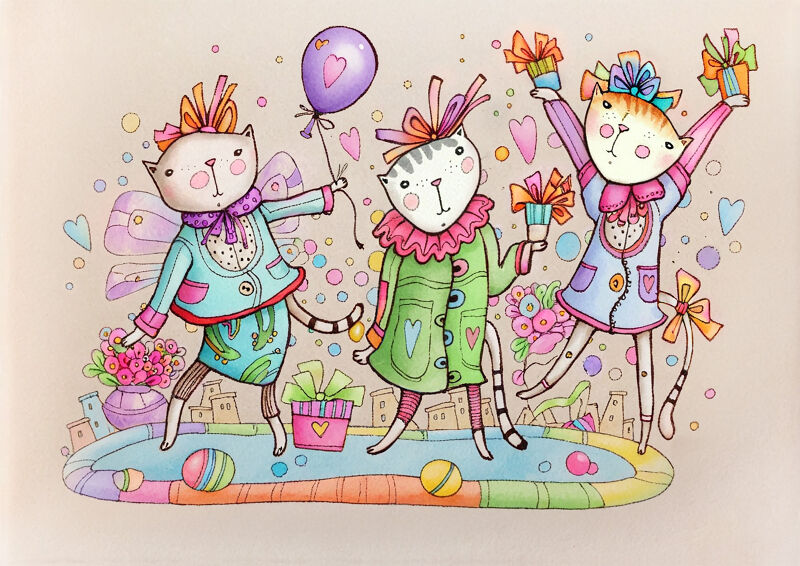 Playful Cats Celebrating with Gifts and Balloons