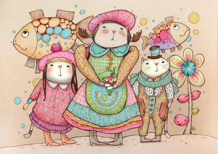 Big Sister Cat with Her Siblings in a Fantasy Garden