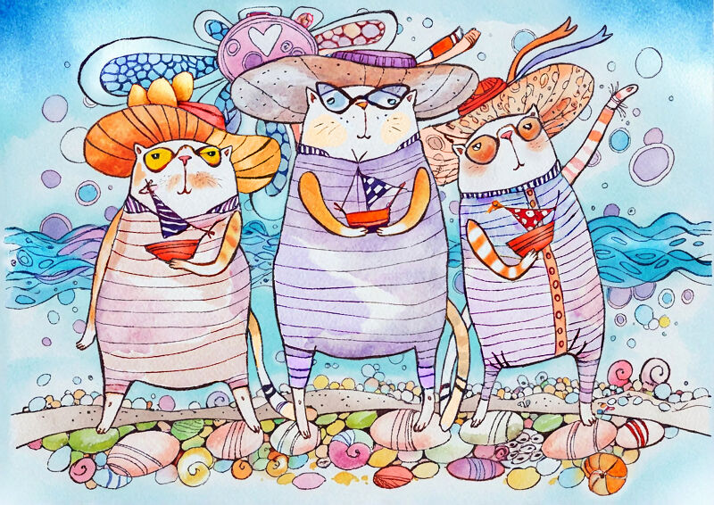 Cats on the Beach Wearing Hats and Drinking Smoothies