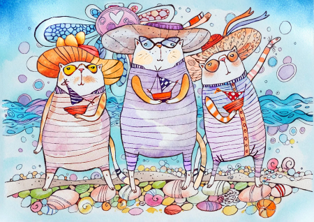 Cats on the Beach Wearing Hats and Drinking Smoothies