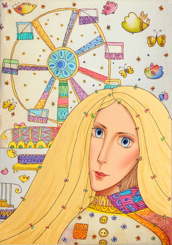 Blonde Girl at the Colorful Carousel with Butterflies