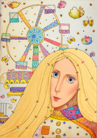 Blonde Girl at the Colorful Carousel with Butterflies