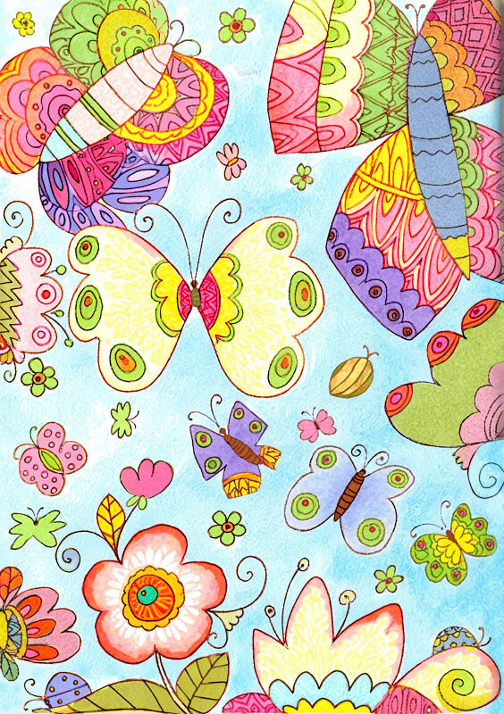 Colorful Butterflies Flying Among Flowers in Spring Sky