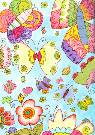 Colorful Butterflies Flying Among Flowers in Spring Sky