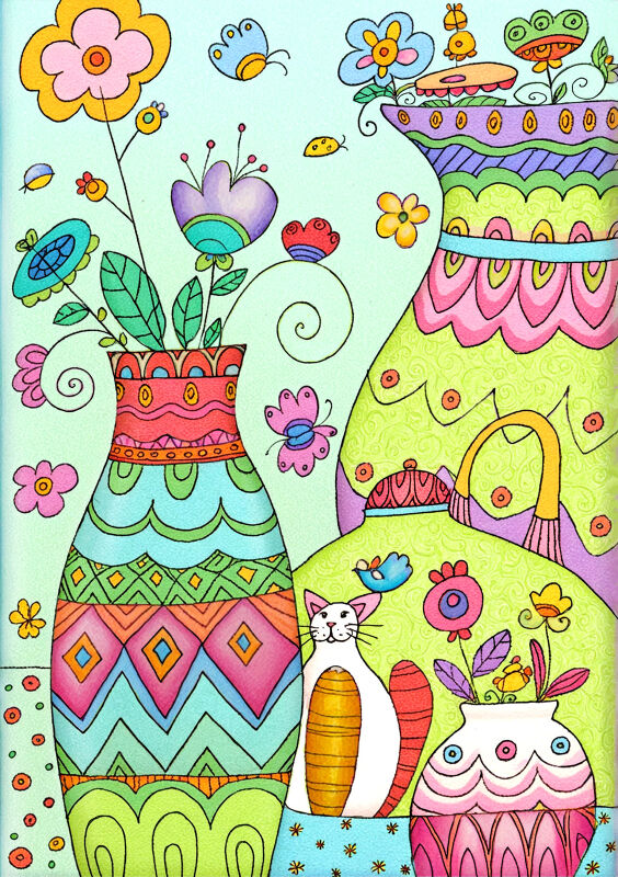 Bright Flower Vases and Curious Cat in a Fantasy Garden