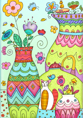 Bright Flower Vases and Curious Cat in a Fantasy Garden