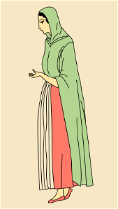 Persian woman wearing green cape on red gown