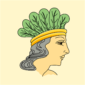 Assyrian coiffure with wreath of leaves fixed by a double band round the head