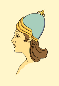 Assyrian Kings coiffure in the shape of a helmet with gold flower. Also worn by his spouse
