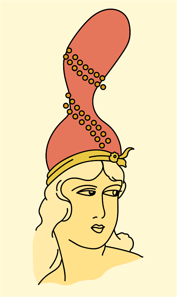 A Sultana or Odalisk. Extremely amusing vermilion-red coiffure. Beaded with yellow. Hat-front also yellow