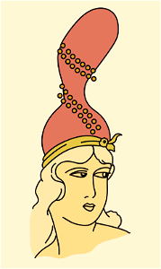 A Sultana or Odalisk. Extremely amusing vermilion-red coiffure. Beaded with yellow. Hat-front also yellow