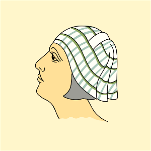 Modest Assyrian coiffure draped behind of broad-checked material