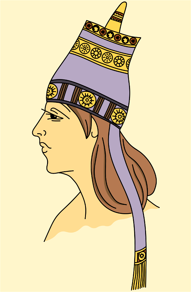 Assyrian royal tiara adorned with rosaces and geometrical lines. Two fringed flaps descend on the sides