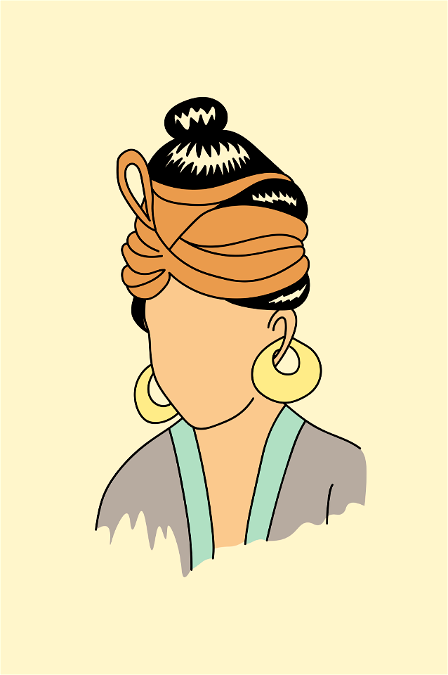 Hindu woman's head with turban. The hair is coiled up into a knot on the top of the head. Huge ear-rings