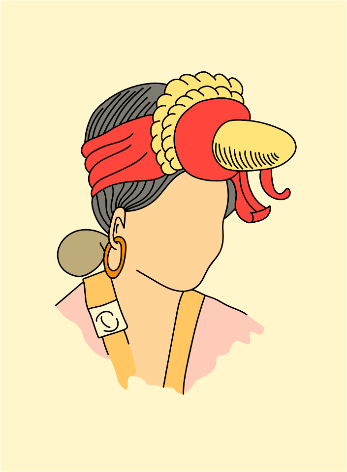Sort of turban showing the very black hair and projecting over the forehead