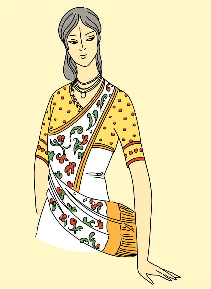 Hindu woman with short-sleeved bolero covered over with flowery stuff worn like a scarf