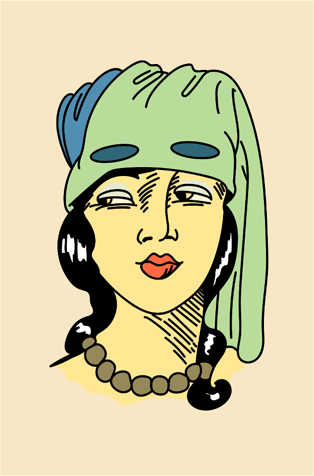 Over a blue stuff coiffure a green veil pierced with two openings for the eyes and which can be lowered over the face