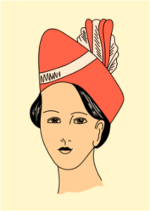 Hindu woman's head with scarlet ribbon set very high on the forehead and binding the hair