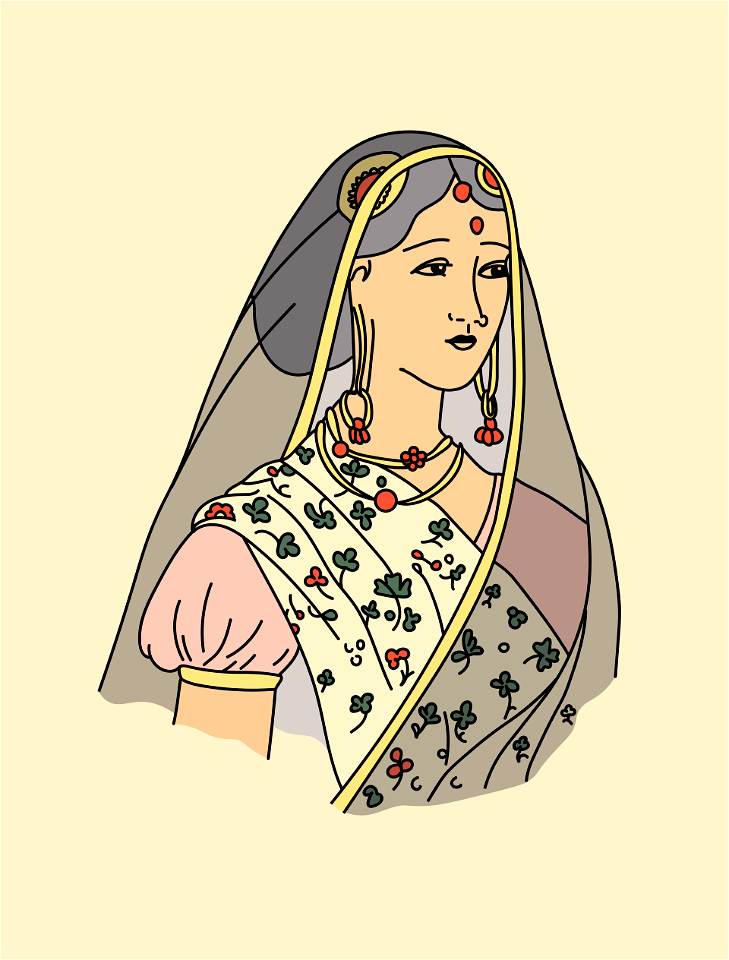 Young hindu woman of high birth. Head covered with black transparent veil. True national costume