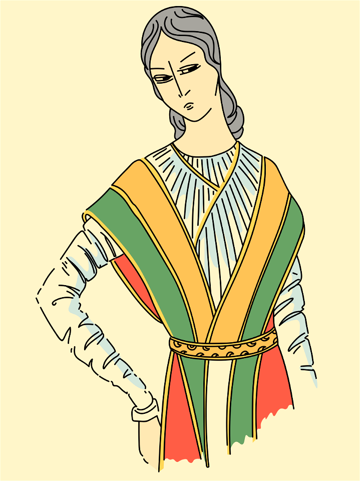 Hindu woman with long sleeve tightly pleated on the arm. The costume consists of two sorts of stoles covering the forearms