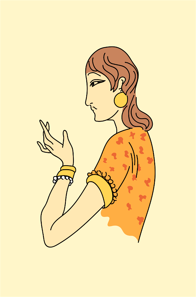 Hindu woman with small sleeve of a bodice in printed material covering only the shoulder. Two bracelets with balls