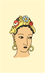 Hindu woman's head with coiffure fixed with a diadem-shaped band. Jewelled ornaments