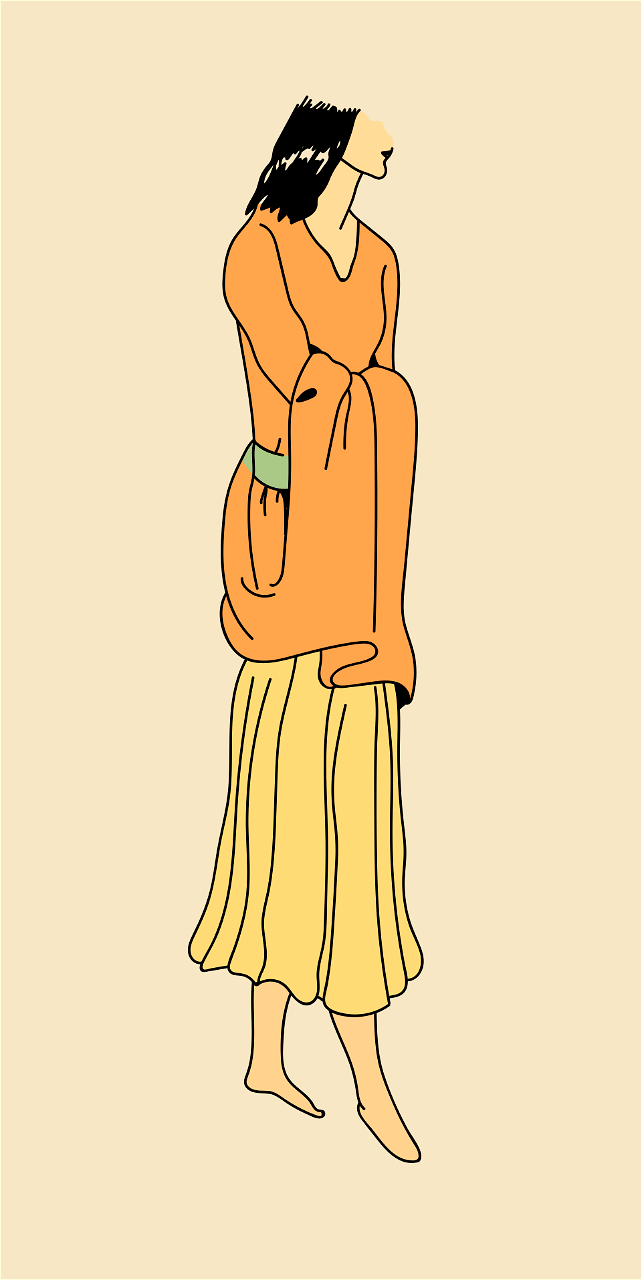 Orange gown lifted up and carried on the arms as shown in the figure. A frequent attitude with Egyptian woman. Yellow under-skirt
