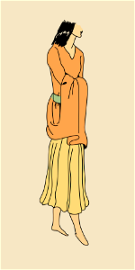 Orange gown lifted up and carried on the arms as shown in the figure. A frequent attitude with Egyptian woman. Yellow under-skirt