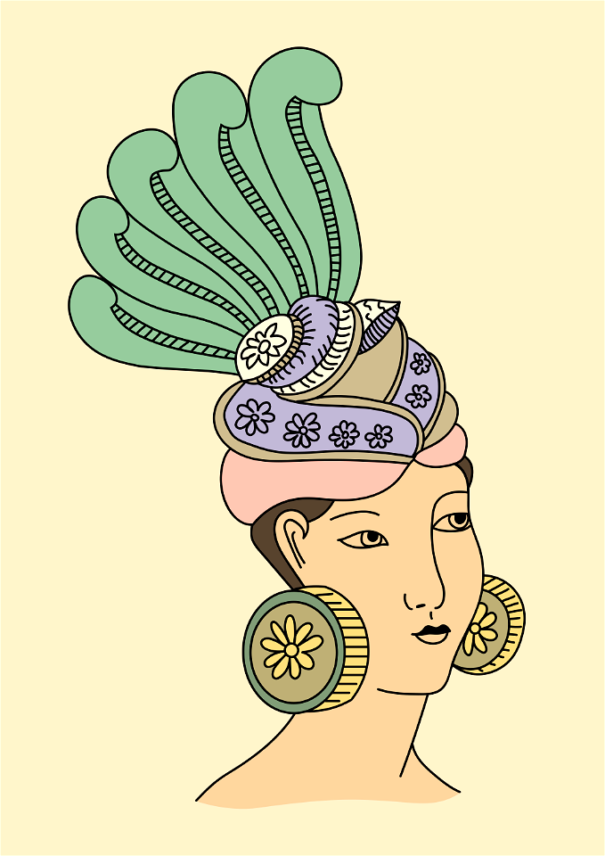 Hindu woman's head with voluminous coiffure in the shape of a peacock's tail. Box-shaped earrings speckled with white