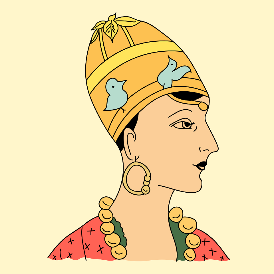 Hindu woman's head with with very pointed cap like the pontifical tiara. Embroidered with blue and yellow