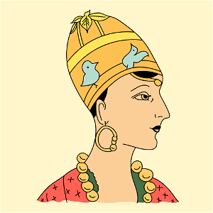 Hindu woman's head with with very pointed cap like the pontifical tiara. Embroidered with blue and yellow