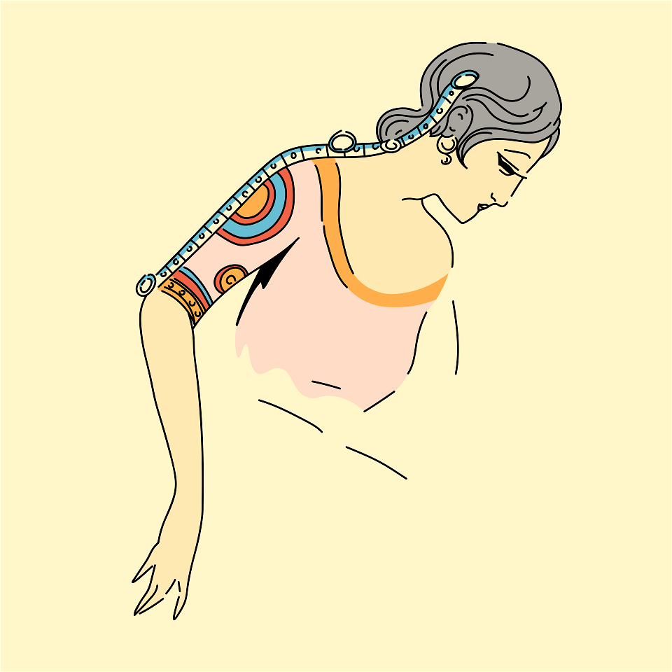 Hindu woman with short bolero-sleeve with a galloon running from the sleeve up into the hair