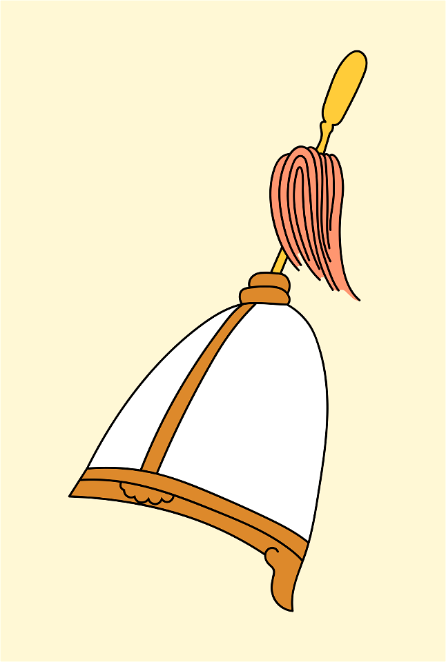 White Chinese headgear with ochre and silver band. Red feather
