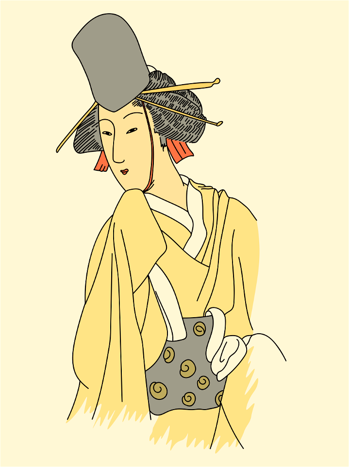Japanese woman with black cap fixed on the head by means of four long pins and a red chin-strap