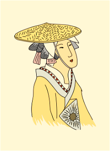 Japanese woman wearing quaint yellow straw hat in the shape of a mushroom maintained by a narrow chin-strap. A sort of white cap is worn under the hat