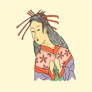 Japanese maiden with very thick and very long hair. It forms a knot on the forehead fixed with six long pins and falls back on the shoulders