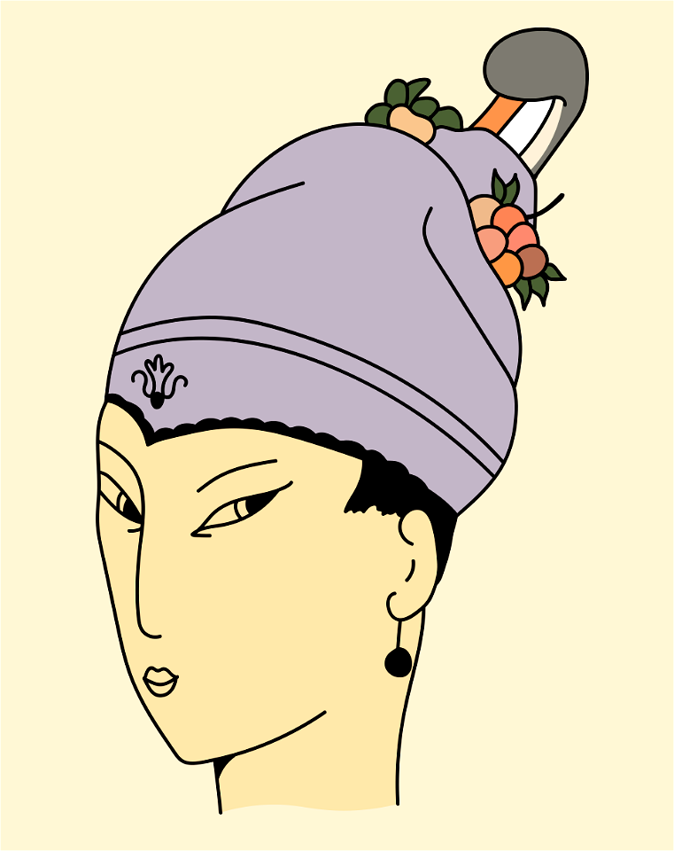 Chinese woman wearing mauve and black Chinese headgear with flowered band and red trimmings