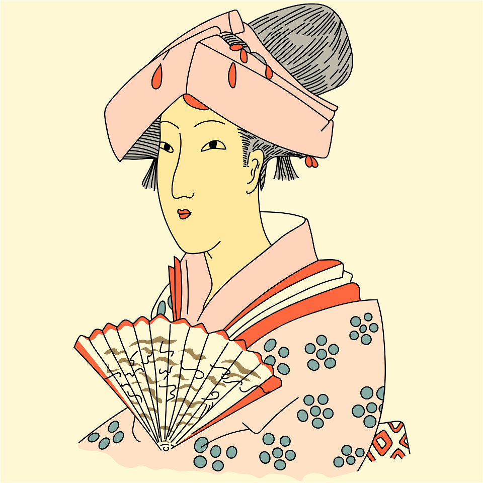 Graceful cap for a young Japanese woman. It is a sort of turban covering the forehead down to the eyes and leaving the top of the head uncovered. This roof-shaped ornaments