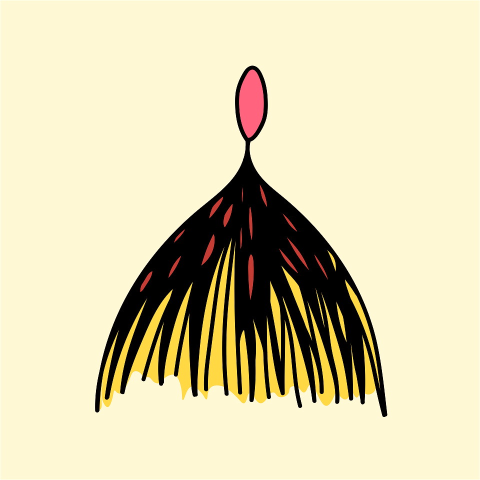 Red fringe worn over a bright yellow hat
