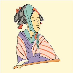 Japanese woman with a large band of red material lined with blue and folded under the chin. Long pins in the knot of hair