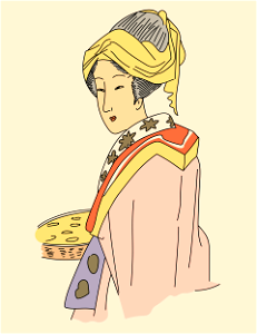 Japanese woman with a cap made up of a band of yellow material folded on the forehead and the top of the head. Somewhat resembling a turban