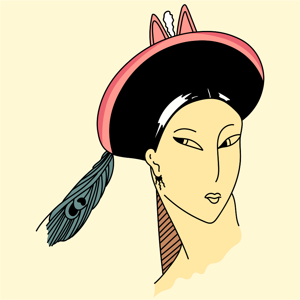 Chinese woman wearing black hat with pink border and green-silver peacock feather