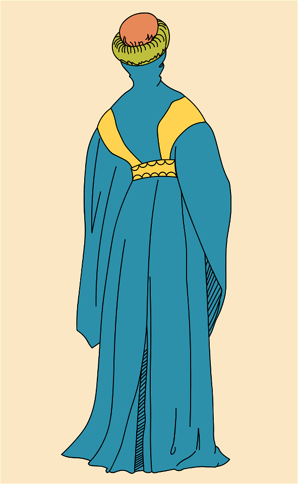 Mantle with collar starting from headdress. Belt and armholes gold yellow. White lining visible behind headdress. Yellow and dark green turban