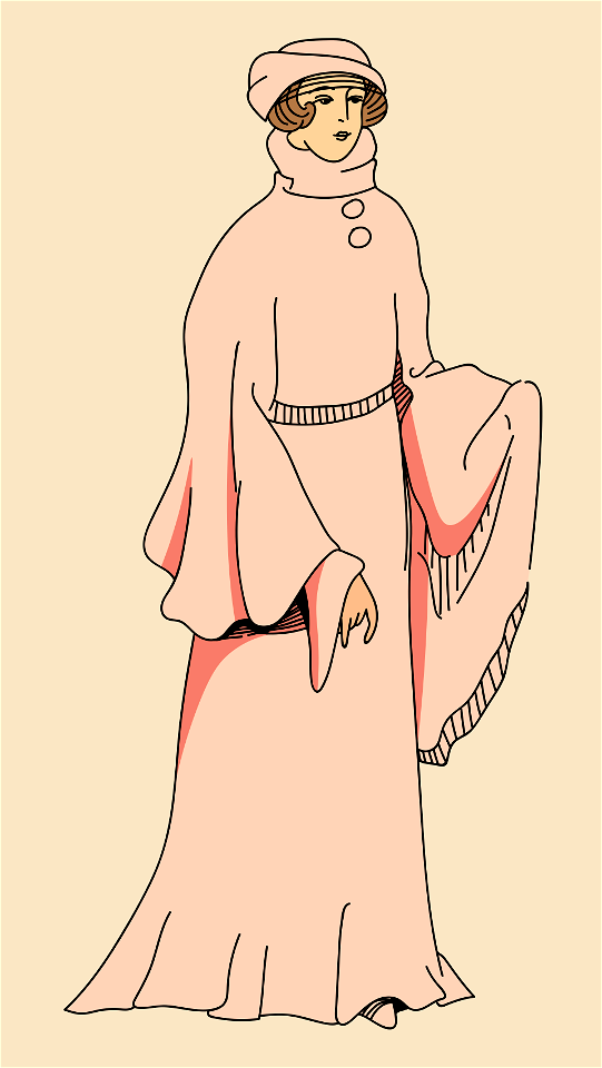 Noblewoman's pale pink mantle with tight sleeves covered with very full godets. Thick collar with two buttons on front